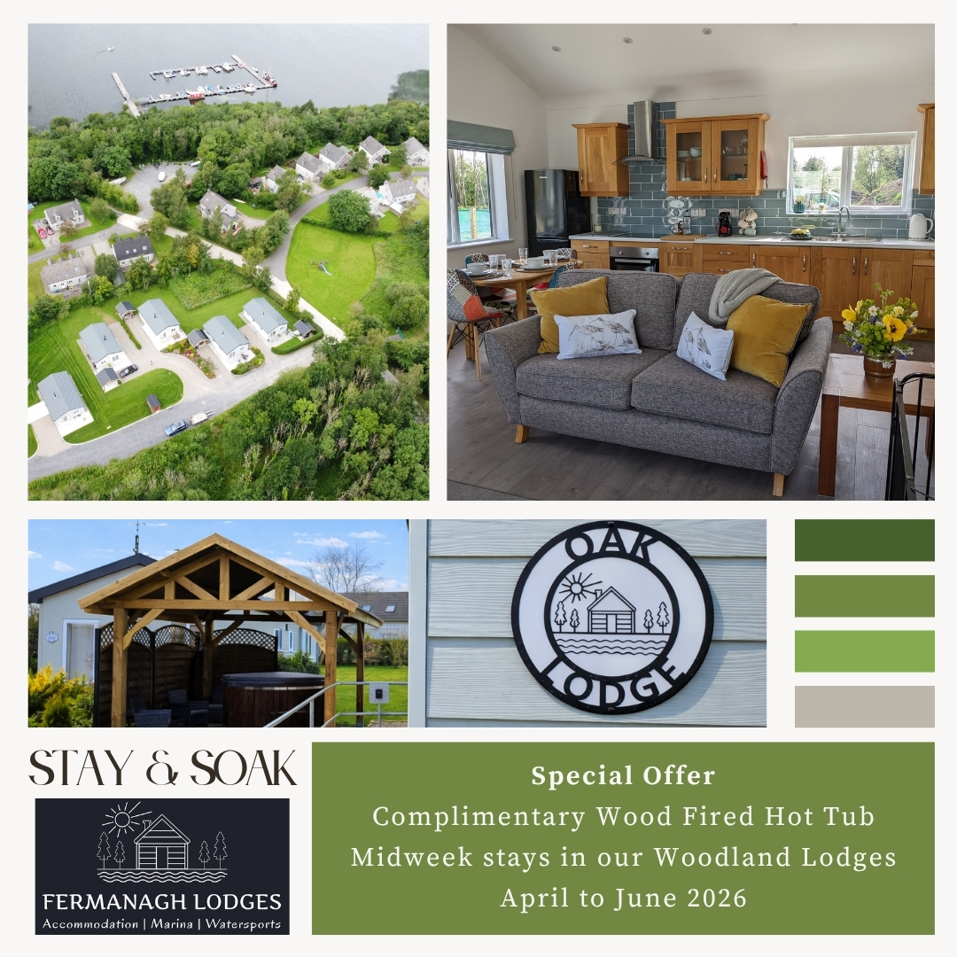 Stay and soak special offer tile with photos of woodland lodge