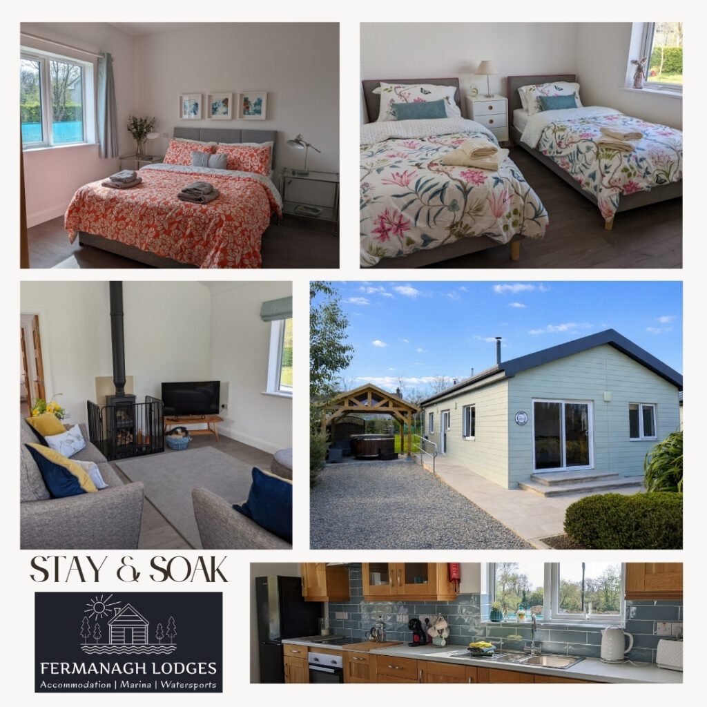 Stay and soak special offer tile with photos of woodland lodge